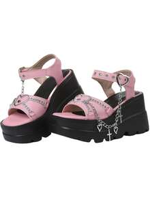 Y2K Women's Thick Sole Wedge Sandals Chain & Heart Goth Sandals Punk Sandals Women's  Black Heels - 粉色 - 查看 4