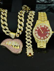 1 套男士合金嘻哈项链,带性感唇形吊坠,Cubanlink 项链和手链手表套装,时尚个性化 - 性感嘴唇吊墜項鍊 - 查看 24