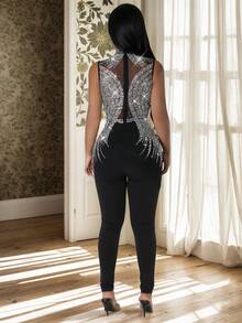 Elegant And Fashionable Women's Black Sleeveless Stand Up Collar Long Ball Dress, Semi Transparent Mesh, Rhinestone Decoration, Suitable For Party Wear, Halloween Costume, Women's Christmas Jumpsuit, Autumn,Winered, Blue,Winter Clothes For Women,New Year Women's Outfit ,Formal Ball Gowns For Women