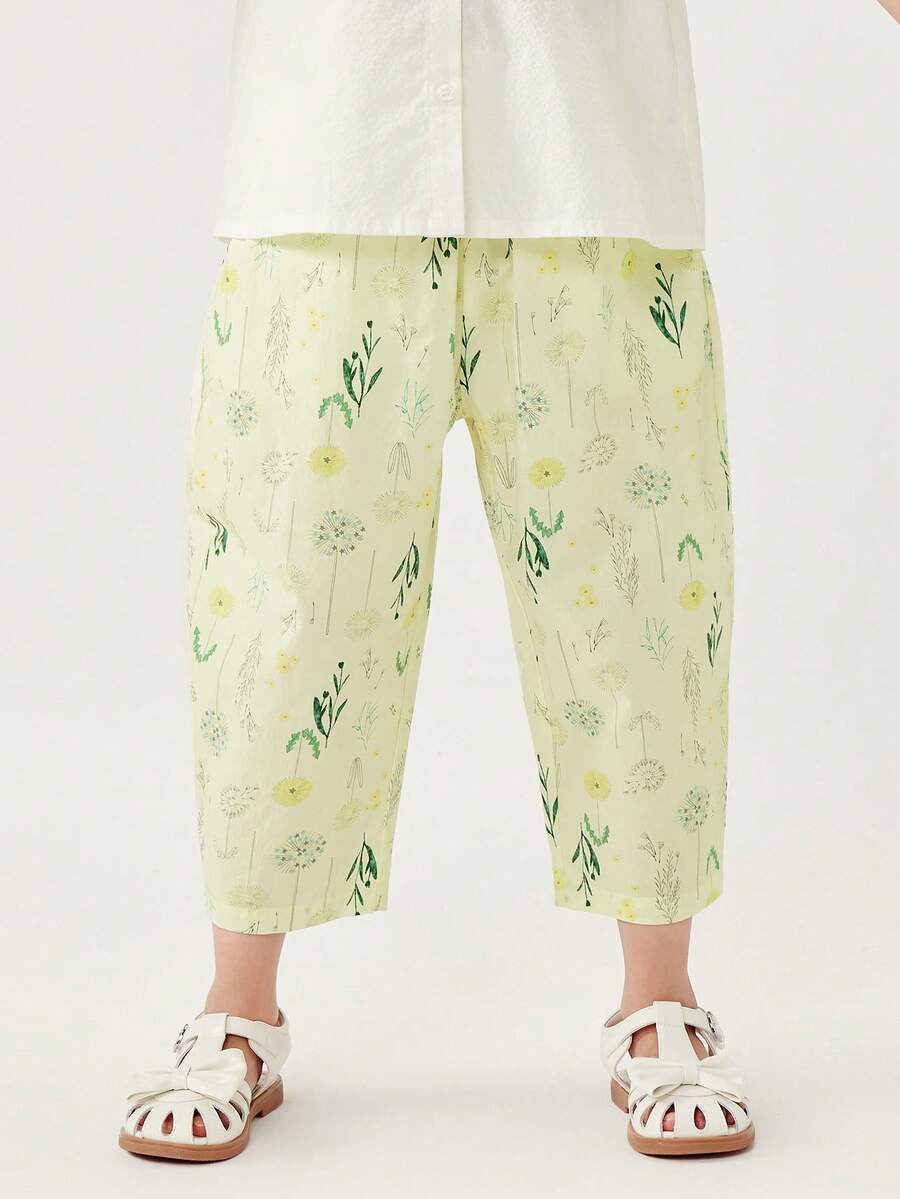 mini bala Girls' Long Pants Soft Skin-Friendly Breathable High-Waist Loose Carrot Pants Summer - Greenish Yellow - View 1