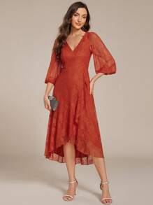 EVER-PRETTY Women's Lace V Neck Sheer Midi Burnt Orange Wedding Guest Dresses Formal Dresses For Wedding