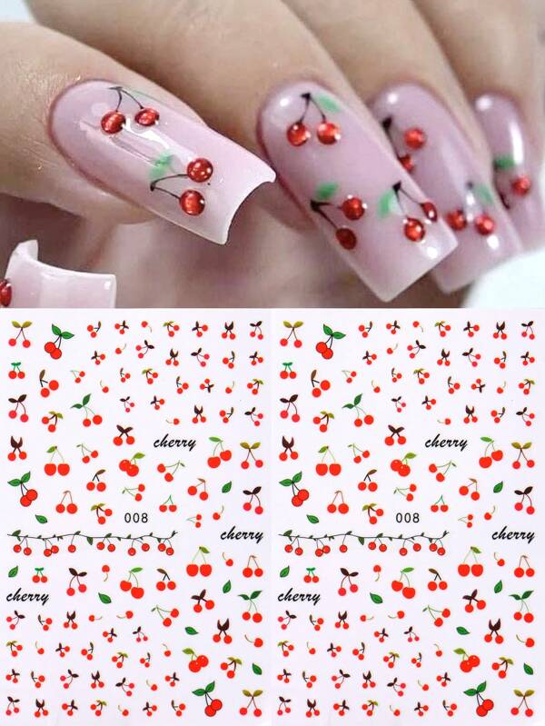 2 peças adesivos 3D fofos de cereja para arte em unhas, decalques autoadesivos de frutas de verão, design doce, suprimentos de decoração de manicure faça você mesmo