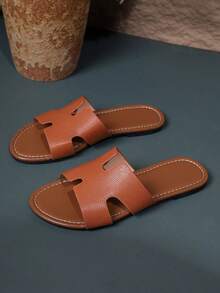 1 Pair Solid Color Crocodile Texture Boho Style Beach Casual Flat Slide Sandals - Brown - View 9