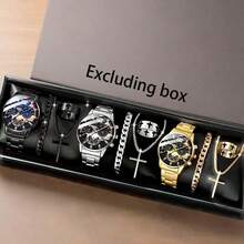 12 件男士手表套装 - 时尚休闲圆形表盘石英手表和珠宝