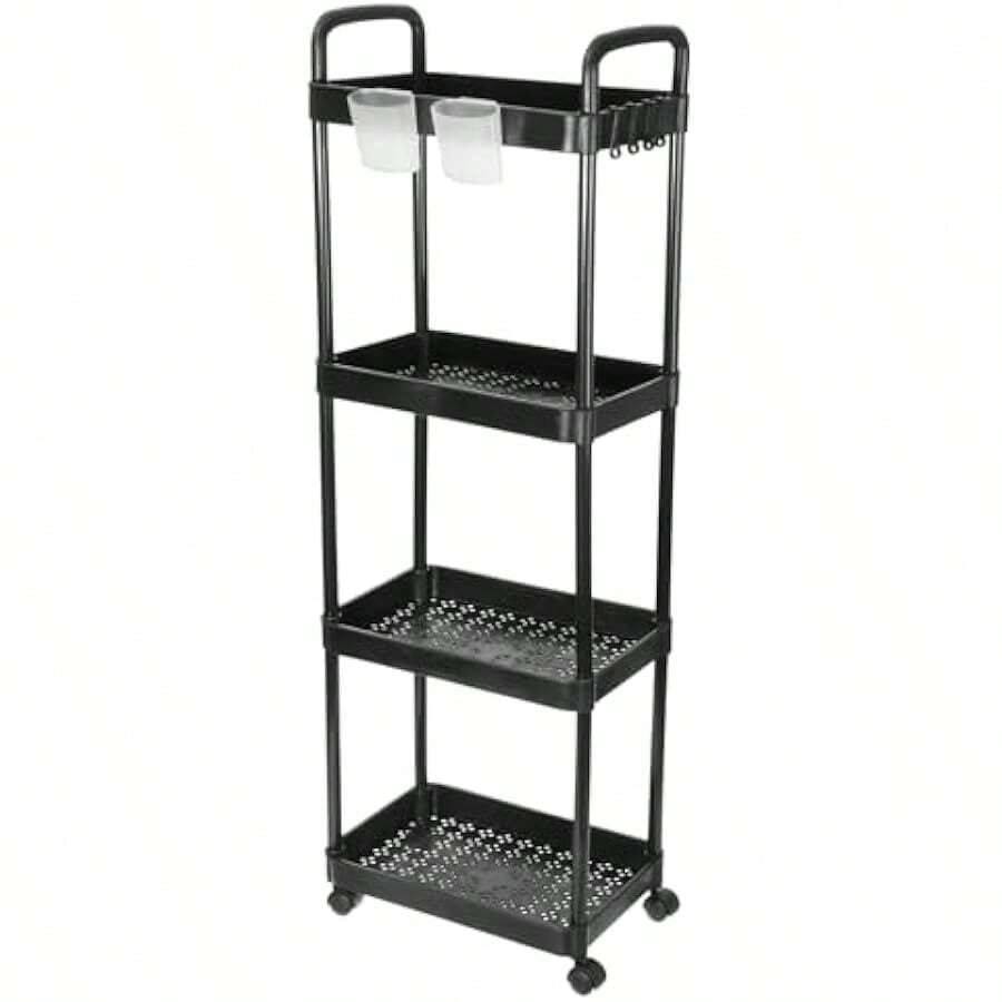 Sourcing Map Slim Storage Cart 4 Tiers Bathroom Storage Organizer Rolling Utility Cart Mobile Shelving Unit Slide Out Storage Cart For Bathroom Kitchen Black - Black1 - View 1