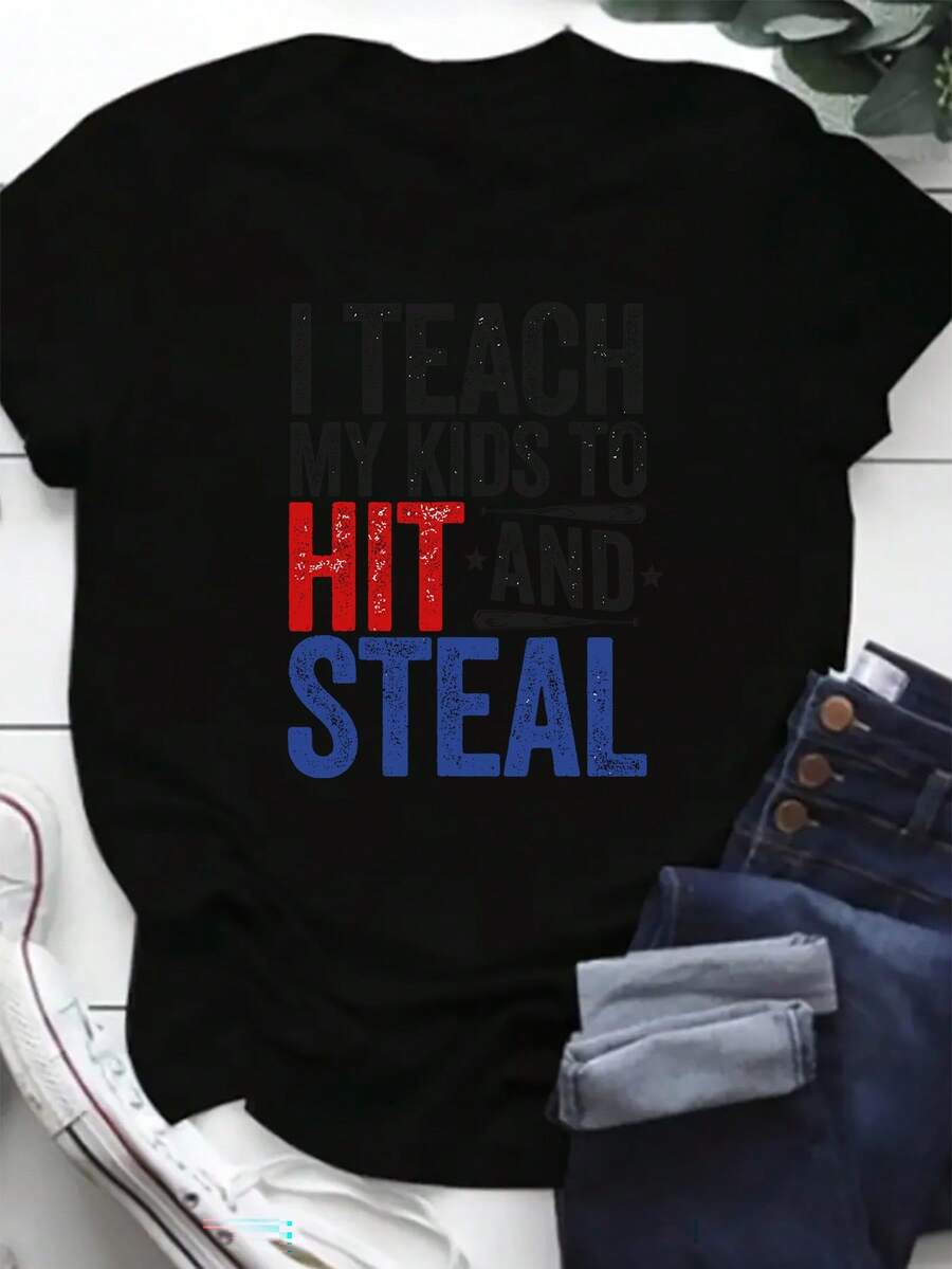 Camiseta Divertida con Gráfico 'I Teach My Youngsters to Hit & Steal' para Mujer - Talla Grande, Camiseta Informal de Manga Corta con Cuello Redondo, Mezcla de poliéster elástico, Lavable a máquina - Blan - Negro - Ver 1