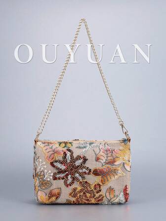 Bolso de hombro con bordado de lentejuelas, bolso cruzado semicircular clásico con bordado floral, bolso de cena con contraste de color, puntada de lentejuelas y cremallera para mujer. Tipo de bolso preferido, bolso multiusos, se puede usar como bandolera, la cadena plegada a la mitad se puede usar como bolso de hombro. (La posición del patrón se corta aleatoriamente)