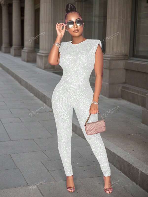 Women's Solid Color Crew Neck Raglan Sleeve Fitted Sequin Jumpsuit, Suitable For Parties And Gatherings