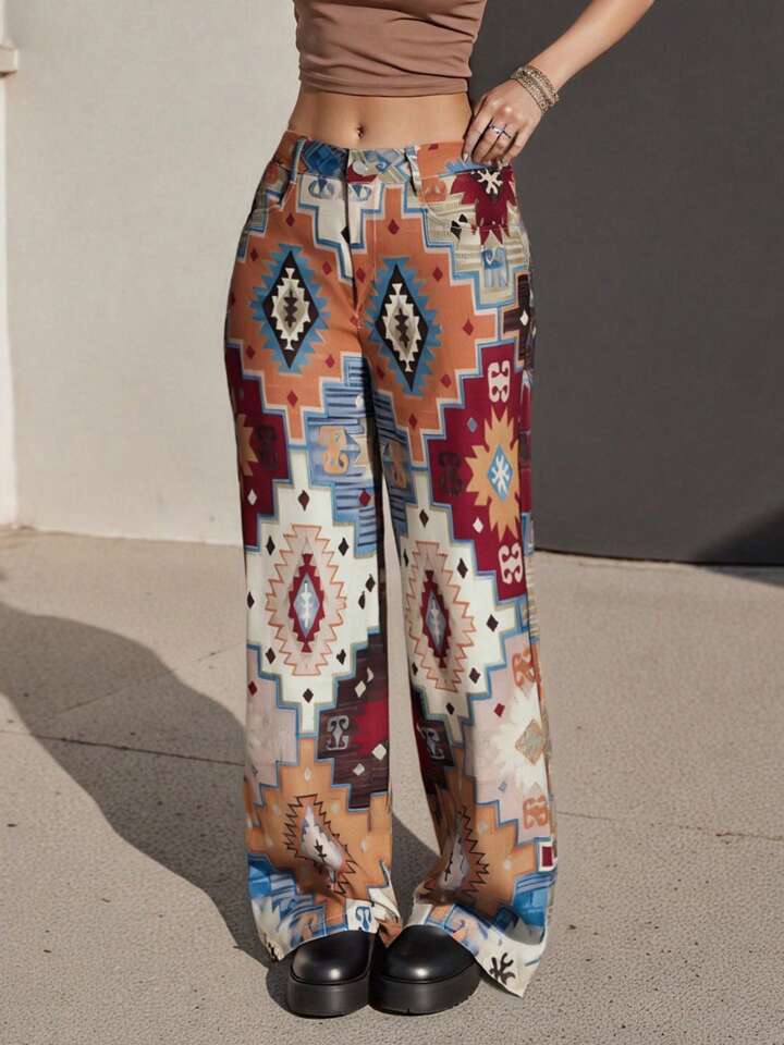 Women Wide Leg Denim Pants Tie-Dye/Vintage Print Long Imitation Jeans Casual Plus Size Trousers