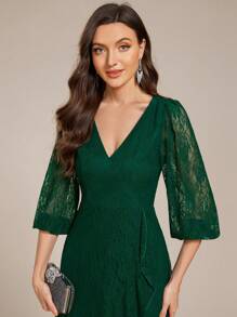 EVERPRETTY Women's Lace V Neck Sheer Midi Dark Green Wedding Guest Dresses Formal Dresses For Wedding, Bridesmaid Dress