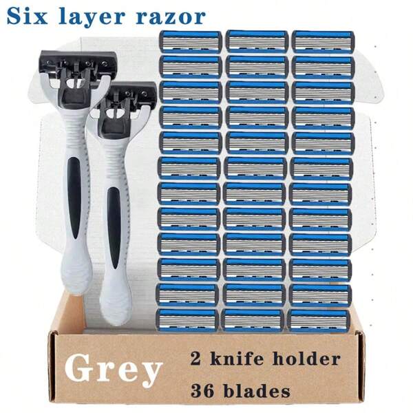 6 Layer Manual Safety Razor Set - 6 Stainless Steel Blades, Replaceable Heads, Includes Handle And 6/12/24 Blades, Sharp & Smooth Shave