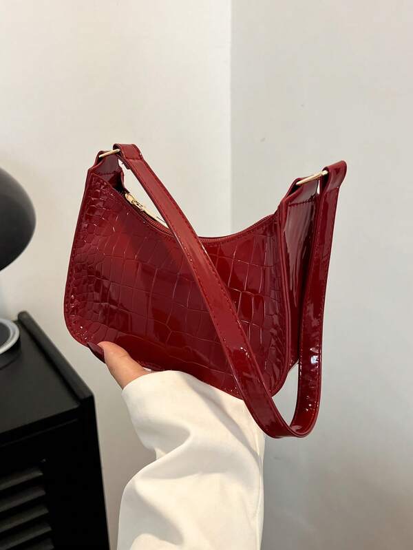 Solid Color Embossed Crocodile Pattern Shoulder Bag, Zipper Closure Waterproof Handbag For Women, Suitable For Office, Work, Business, Commute