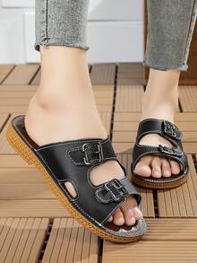 College Style Women Flat Sandals - Solid Color Open-Toe Slides, Metal Buckle Closure. Innovative Massage Sole, Casual Slip-On Shoes For All Seasons - Black - View 13