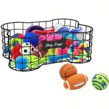Medium Black Metal Dog Toy Organizer: Iron Wire Basket In Dog Bone Shape For Puppy Accessory Storage