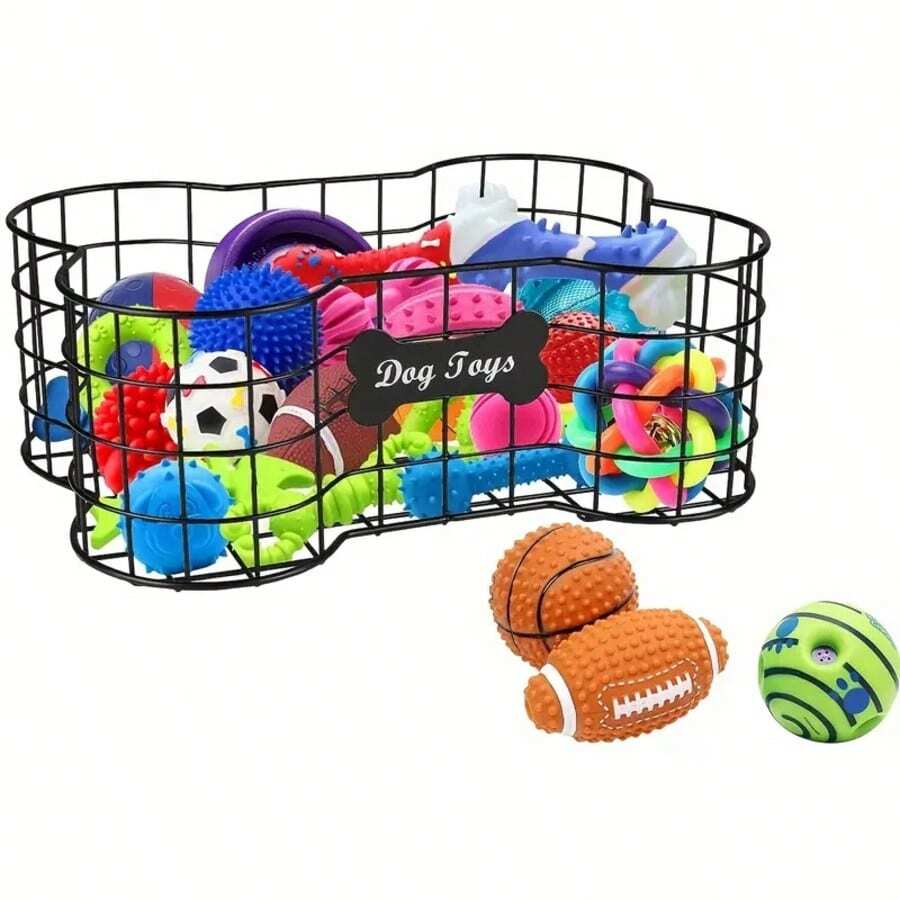 Medium Black Metal Dog Toy Organizer: Iron Wire Basket In Dog Bone Shape For Puppy Accessory Storage