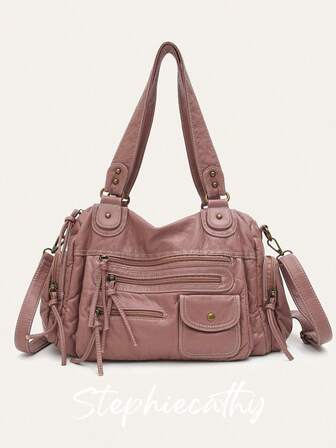 STEPHIECATHY 纯色水洗柔软PU仿皮，拉链闭合，多口袋设计，双短肩带，可调节腰带，男女通用，复古休闲实用，适合上学和日常通勤。