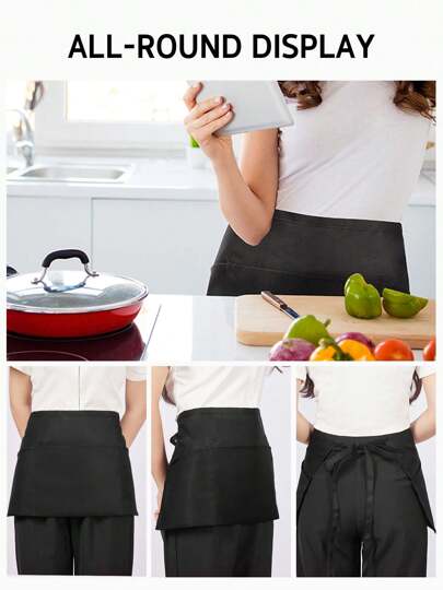 1pc Server Apron With 3 Pockets, Waitress Waist Apron, 11.5 Inches Black