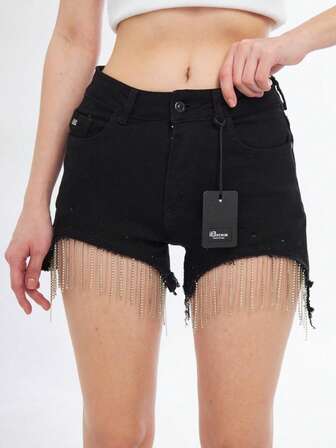 Women's Casual Fashionable Patchwork Fringe Pocket Button Shorts