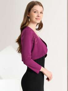 Women's Spring Prom Elegant Bolero Shrugs Lace Insert Business Office Open Front Crop Cardigan - Purple - View 4