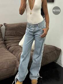 European And American Street Fashion New Four Seasons American Hot Girl Personalized Y2K Side Bow Ribbon Small Low Waist Women's Jeans Straight Pants - 淺色水洗藍 - 查看 3