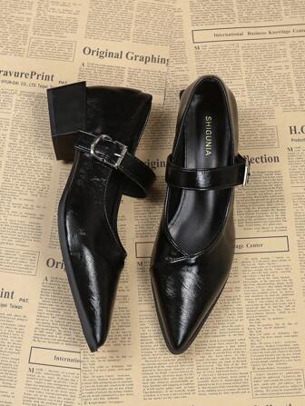 2025 Spring/Summer New French Pointed Toe Mary Jane High Heels, Strap Buckle Comfortable Chunky Heel Versatile Fashion Pumps