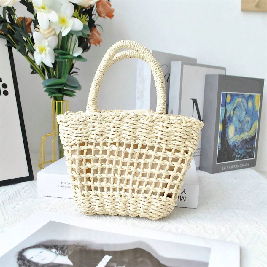 Beach Bags For Women Straw Bag Vacation Summer Hollow-Out Straw Beach Bag Tote Woven Purse Handbag - White - View 1