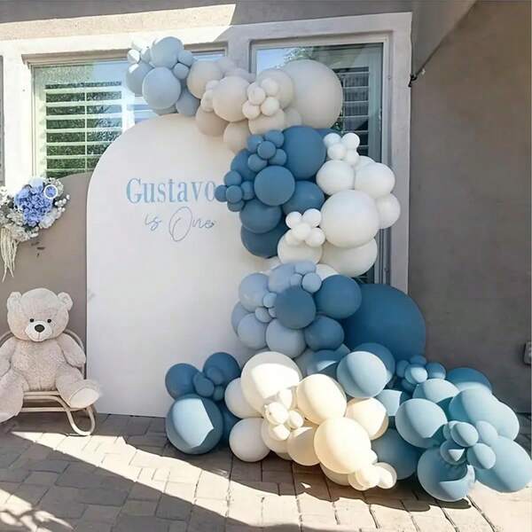 125 Peças Conjunto de Arco Decorativo com Balões de Látex Brancos e Areia Azul para Aniversário, Casamento, Aniversário, Comemoração, Formatura, Festa, Decoração de Casa