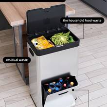 3 Compartment Trash Can,Kitchen Trash Can 56L/14.8 Gal,Pedal Recycling Trash Bin With Removable Buckets,Stainless Steel Garbage Can Waste Container With Wheel - Silver - View 5