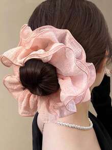 1 pieza Scrunchie arrugado de primavera temprana, lazo de pelo elegante y femenino, accesorio de pelo con flor elegante para mujer, decoración de pelo para vacaciones, cuerda de pelo con flor grande y ondulada, lazos de pelo rosa/blanco/azul claro, casual, accesorio para la cabeza, coletero, banda elástica - Multicolor - Ver 1