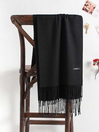 1pc Women's Black Versatile Fringed Super-Thin Long Cashmere-Like Scarf, Simple Elegant Warm Air Conditioning Cape Dual-Use Soft Windproof Scarf, Suitable For Daily, Outings, And Gift-Giving, All Seasons For Dress