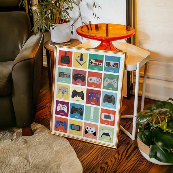1 pezzo Quadro murale con l'evoluzione dei classici controller di videogiochi, stampa artistica su tela colorata di giochi retrò, cartellone di giochi per la decorazione della stanza dei bambini, della sala giochi o della stanza dei ragazzi, regalo per i giocatori, senza cornice
