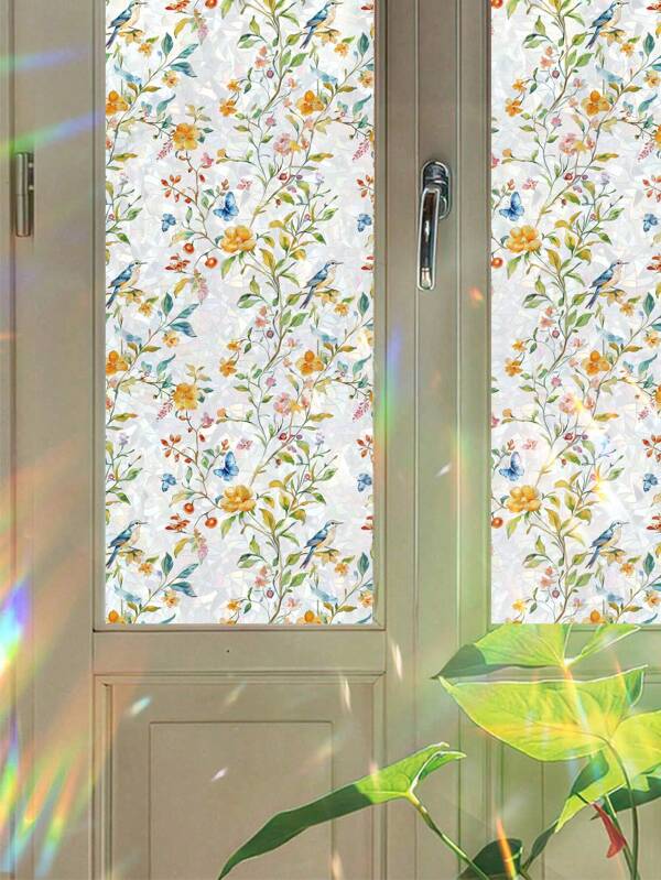 1 pieza Película para ventana con diseño de pájaro, flores y arcoíris, película esmerilada 3D decorativa, pegatinas estáticas reutilizables, película decorativa para ventana estilo vitral, película opaca para ventana de baño, pegatinas esmeriladas con adhesión electrostática para ventanas de baño, sala de estar, hogar, oficina y puerta