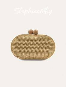 STEPHIECATHY Bolso de embrague de paja trenzada con marco de madera, cierre de pinza, forma ovalada, bolso de noche con cadena larga para cena, fiesta, boda, cita, regalo, vacaciones de verano - Multicolor - Ver 4