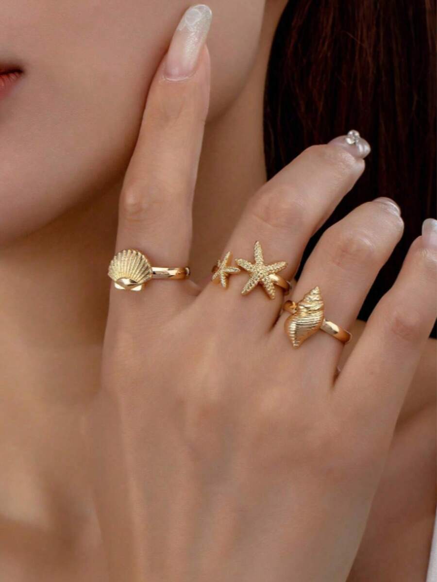 1 Set Stylish And Elegant Beach Resort Series Stainless Steel & Alloy Rings With Cute Ocean-Themed Designs - Gold - View 1