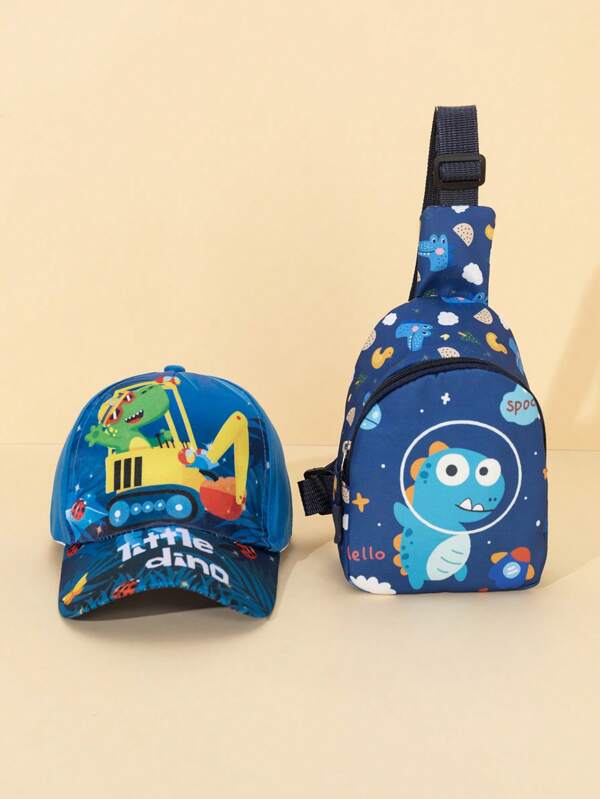 2pcs/Set Unisex Kids Cartoon Dinosaur Print Baseball Cap & Sun Hat + 1pc Dinosaur Print Sling Bag, Cute & Interesting, Suitable For Daily Wear, Outdoor, Graduation, Back To School, Children's Festival Gift