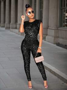 Women's Glamorous Sleeveless Sequins Backless Long Party Jumpsuit With Zipper, High Stretch Fabric For An Alluring Look,Sleeveless Round Neck Sequined Waist Cinching Jumpsuit,Fall Women Clothes ,Winter Jumpsuit Women,Halloween Costume,New Year Clothes Wedding Spring Black - Black - View 1