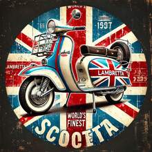 1 pieza Letrero de metal con diseño de estilo vintage de la Lambretta Scooter - Diseño de bandera británica 2D, decoración de pared de 8 pulgadas de diámetro, fácil de colgar, adecuado para el hogar, el jardín, el bar, la cafetería, la oficina y también para la decoración de la habitación - Estilo de orificio como el tamaño mostrado