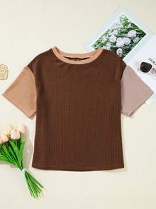 Acelitt Summer Women's Multi-Color Patchwork Color Block Texture Striped Round Neck Casual Short Sleeved T-Shirt