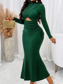 AIJ Amarilo Women's Elegant Mock Neck Cut Out Ruched Long Sleeve Mermaid Dress With Pleats, Perfect For Banquets