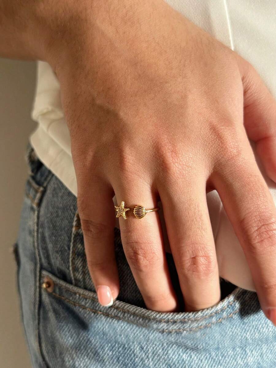 Gold Shell Ring Beach Themed Adjustable Rings; Ocean Inspired Jewelry; Starfish & Seashell Rings; Boho Summer Gift For Women