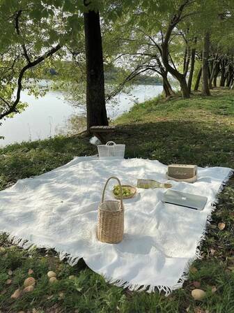 1 件波西米亚风格野餐垫露营毯桌布户外草坪垫露营装备波西米亚风格桌布午睡毯帐篷防潮垫野餐垫适用于户外野餐节日派对装饰卧室/客厅装饰户外旅行情人节礼物室内装饰，白色