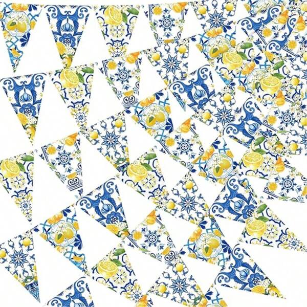 12pcs Blue Ceramic Tile Lemon Decoration Pack: Lemon Bunting Banner, Blue Tile Paper Triangular Flags, Lemonade Wreath Triangular Flags, Suitable For Weddings, Birthdays, Bridal Showers, Bachelorette Parties