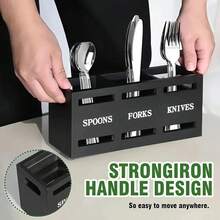 1pc Wooden Kitchen Storage Box - Rectangular Design With Slots For Spoon, Fork And Knife, Easy-Grip Handle, Suitable For Restaurant And Party Organization, Modern Kitchen Utensil Holder, Wooden Structure - Multicolor - View 2