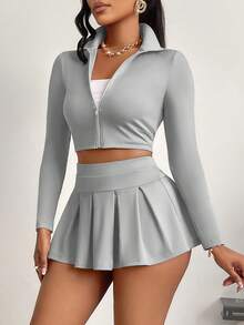 Bộ đồ nữ gợi cảm 2 món, áo ôm sát phối cùng quần short/chân váy dễ thương, thích hợp cho thể thao, mặc thường ngày, thiết kế xếp ly có khóa kéo thanh lịch, phù hợp cho mùa thu/đông. - Xám - Xem 4