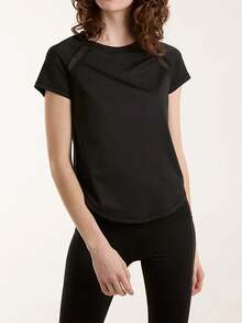 Plus Size Women Sports Top T-Shirt, Nylon Blend Fabric, Mesh Patchwork Design, Comfortable For Fitness, Running, Yoga - Black - View 3