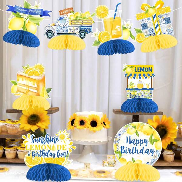 6 Pieces Lemon Birthday Honeycomb Centerpieces, Blue Tile And Lemon Birthday Decorations, Double Sided Printing Lemonade Blue Table Decor For Lemon Theme Birthday Party