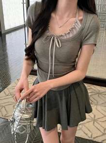 女士夏季系带二合一短袖打结修身 T 恤