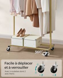 SONGMICS Portant à Vêtements avec Roulettes, Tringle Extensible pour Charge Lourde, Porte-manteau, Capacité de Charge 100 kg, 45 x (92-132) x 161,5 cm, Montage Facile,  Doré Clair - Or clair - Voir 6