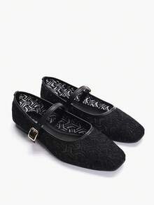 ADAMUMU 平底鞋，时尚女式芭蕾，刺绣蕾丝网眼面料时尚舞蹈鞋，纯色透气休闲平底鞋，方头浅色平底鞋，时尚舒适 - 黑色 - 查看 3