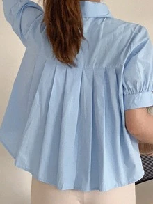 女式夏季后背荷叶边短袖衬衫 - 藍色 - 查看 2